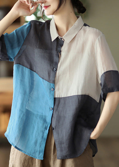 Blaues kariertes Patchwork-Oberteil aus festem Ramie mit kurzen Ärmeln