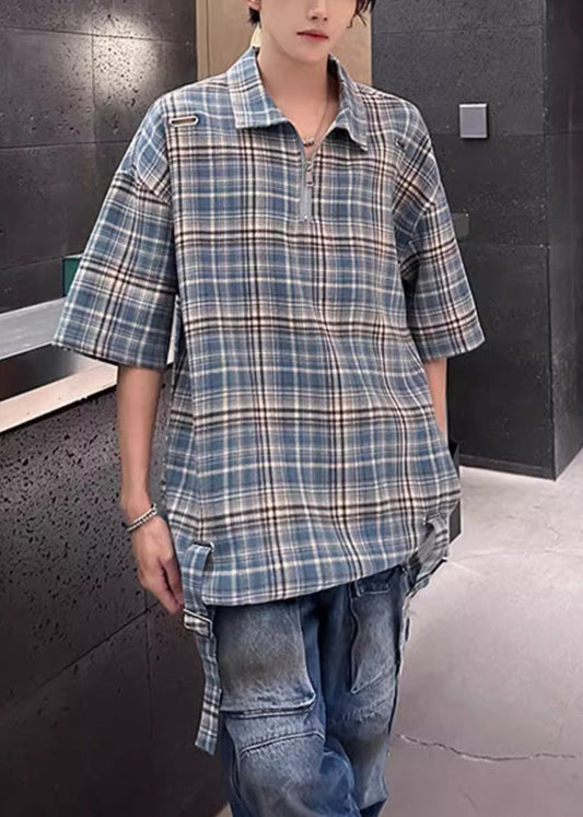 Blue Plaid Zip Up Cotton Men Shirts Peter Pan Collar Summer