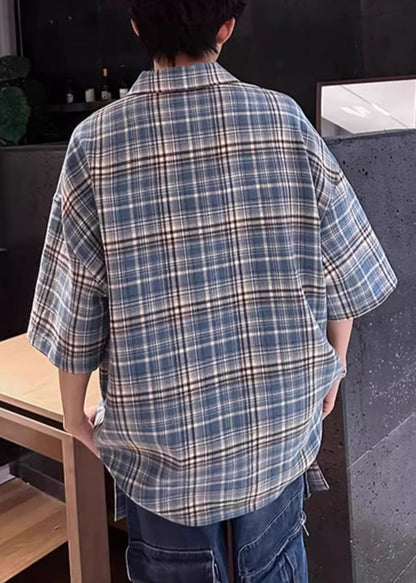 Blue Plaid Zip Up Cotton Men Shirts Peter Pan Collar Summer