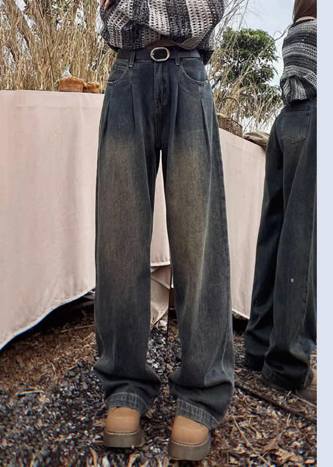 Blaue Fleecejeans mit Taschen, hoher Bund, hohe Taille, Winter