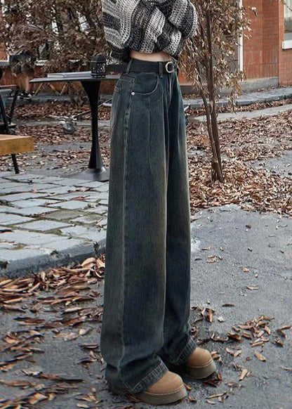 Blaue Fleecejeans mit Taschen, hoher Bund, hohe Taille, Winter