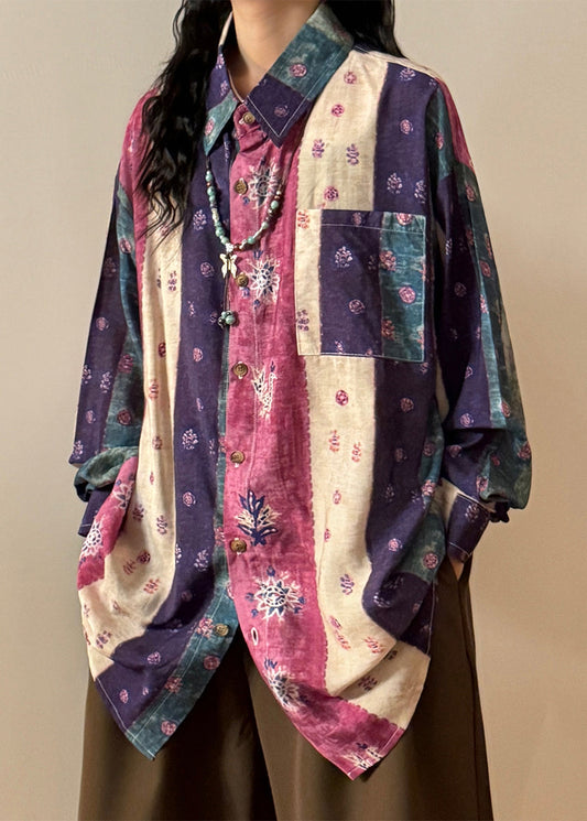 Blue Print Button Patchwork Cotton Shirt Top Asymmetrical Spring