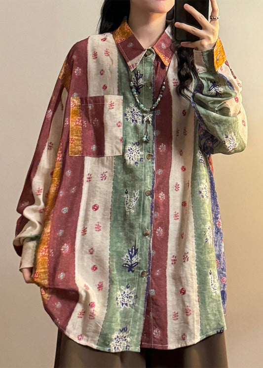 Blue Print Button Patchwork Cotton Shirt Top Asymmetrical Spring