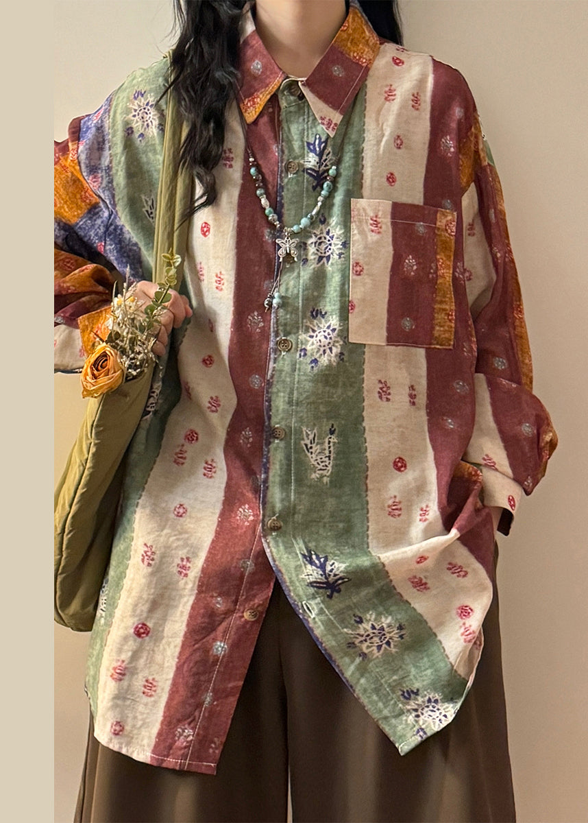 Blue Print Button Patchwork Cotton Shirt Top Asymmetrical Spring