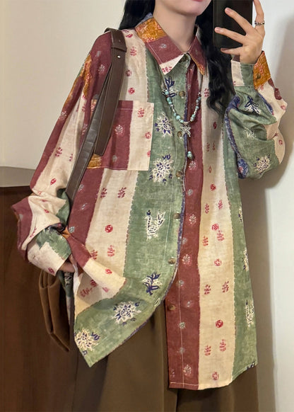 Blue Print Button Patchwork Cotton Shirt Top Asymmetrical Spring