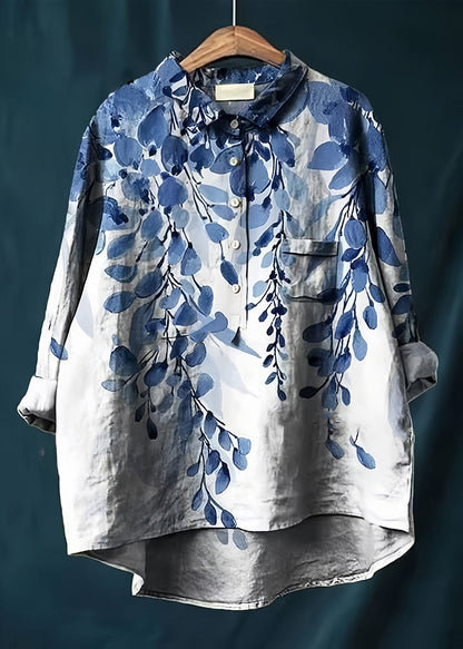Blue Print Cotton Blouse Tops Oversized Spring