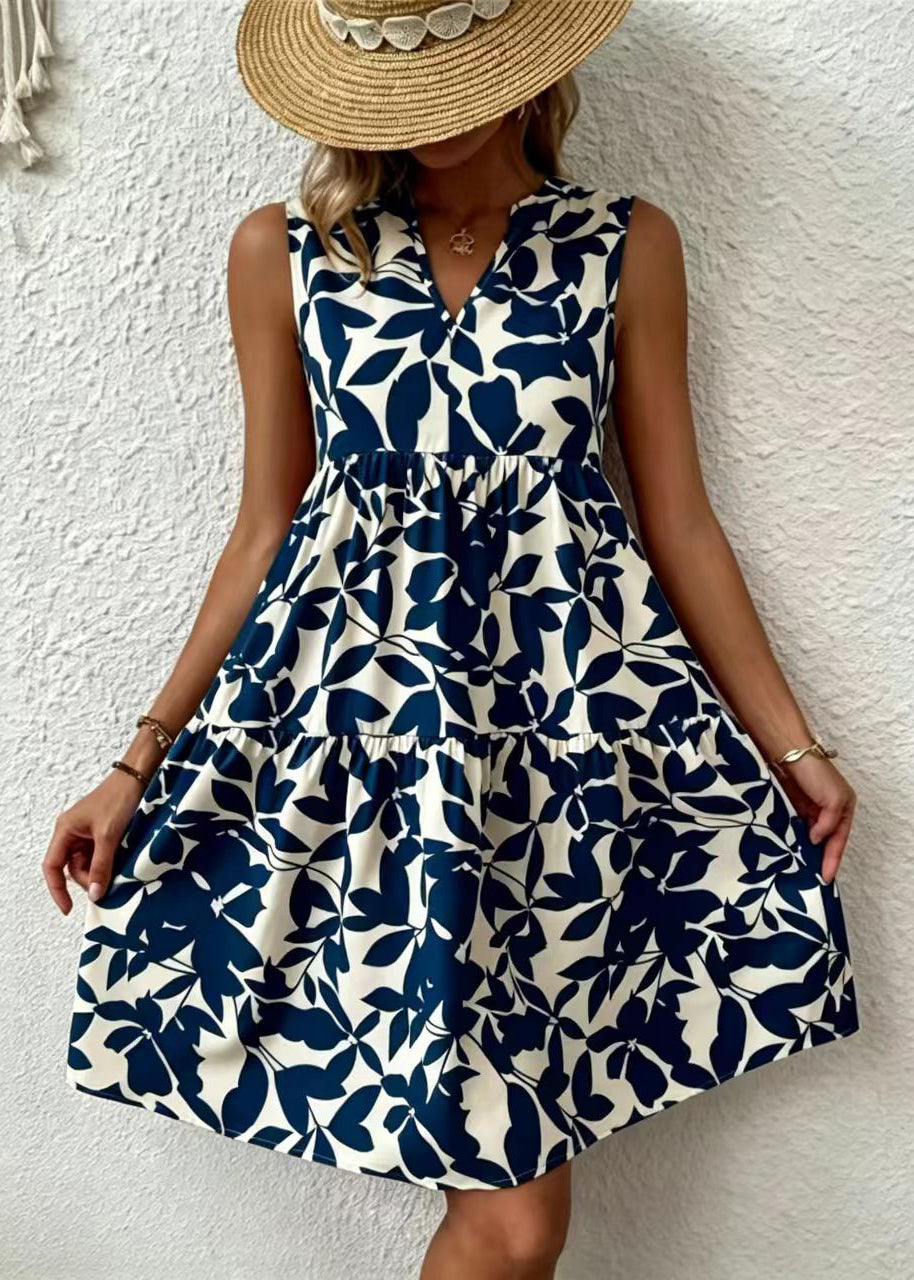 Blue Print Cotton Tea Dress V Neck Summer