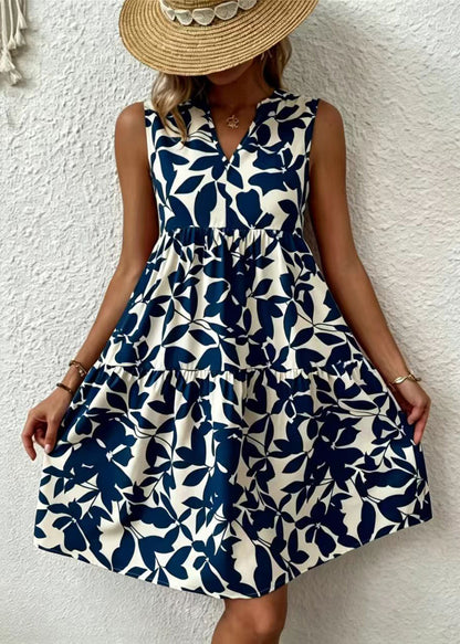 Blue Print Cotton Tea Dress V Neck Summer