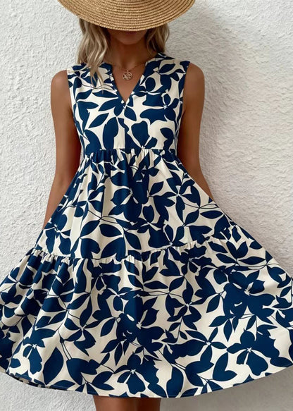 Blue Print Cotton Tea Dress V Neck Summer
