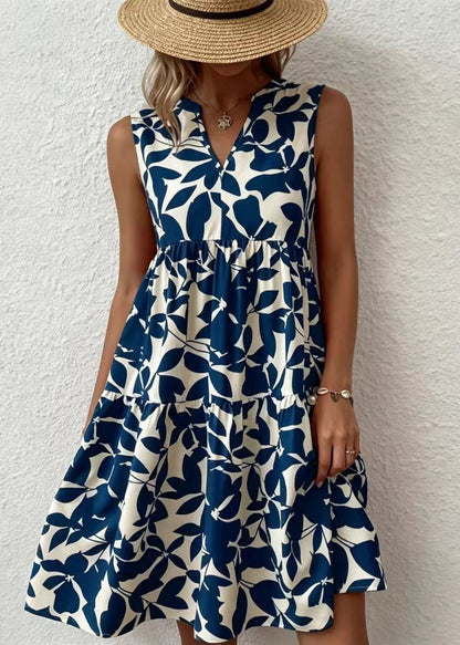 Blue Print Cotton Tea Dress V Neck Summer