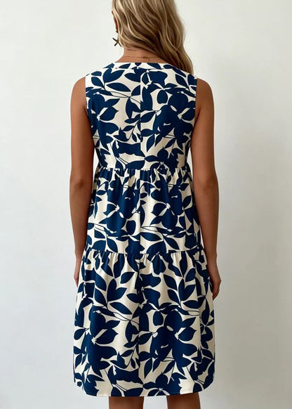 Blue Print Cotton Tea Dress V Neck Summer