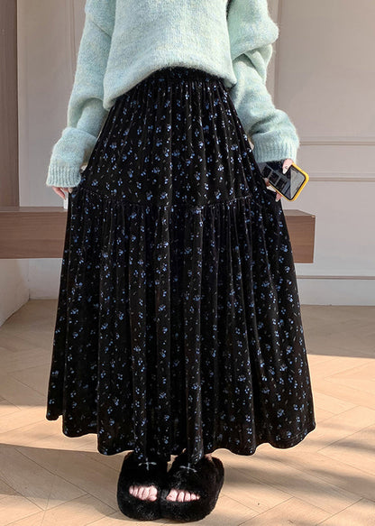 Faldas de invierno de terciopelo con cintura elástica y estampado azul arrugado