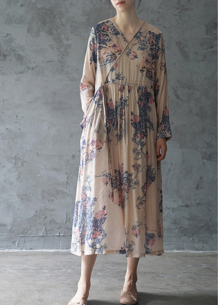 Blaues, bedrucktes, langes Urlaubskleid mit Bindegürtel, V-Ausschnitt, lange Ärmel