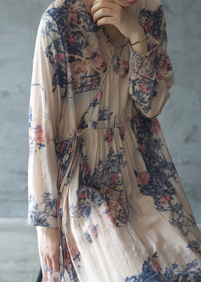 Blaues, bedrucktes, langes Urlaubskleid mit Bindegürtel, V-Ausschnitt, lange Ärmel