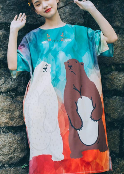 Blue Print O-Neck Animal Cute Summer Dresses Short Sleeve - SooLinen