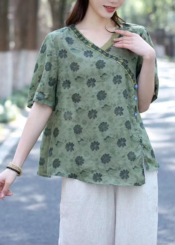 Blau bedruckte Patchwork-Leinenbluse mit V-Ausschnitt und kurzen Ärmeln