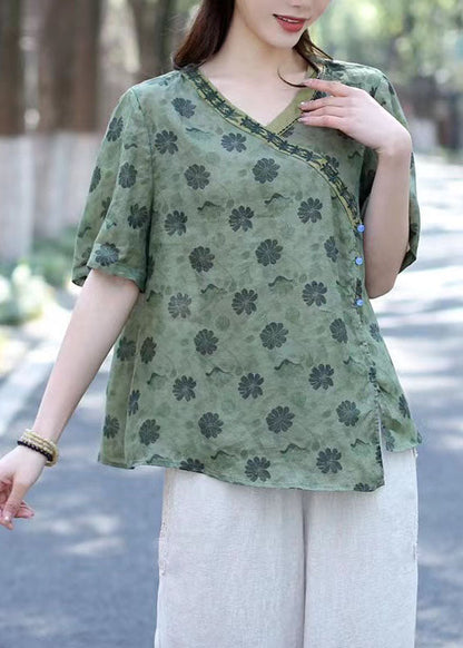 Blau bedruckte Patchwork-Leinenbluse mit V-Ausschnitt und kurzen Ärmeln