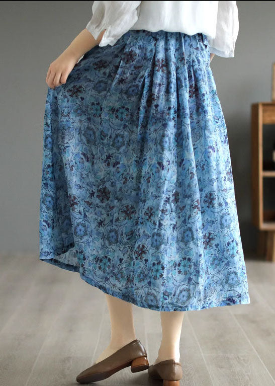 Falda de lino con estampado azul, bolsillos y patchwork, cintura arrugada con lazo, verano