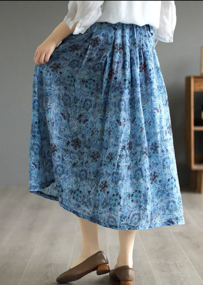 Falda de lino con estampado azul, bolsillos y patchwork, cintura arrugada con lazo, verano