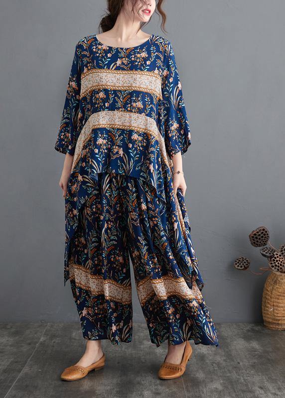 Blue Print Spring Suit Large Women's Top Casual Wide Legged Pants - SooLinen