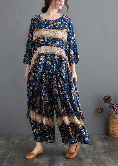 Blue Print Spring Suit Large Women's Top Casual Wide Legged Pants - SooLinen