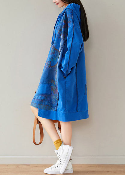 Blau Print Sweatshirts Kleider Kordelzug Asymmetrische Frühling