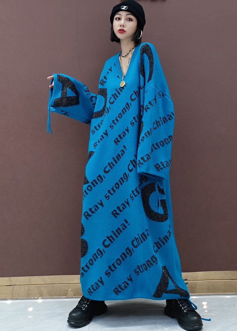 Blauer Print lockerer Strickpullover langes Kleid Frühling