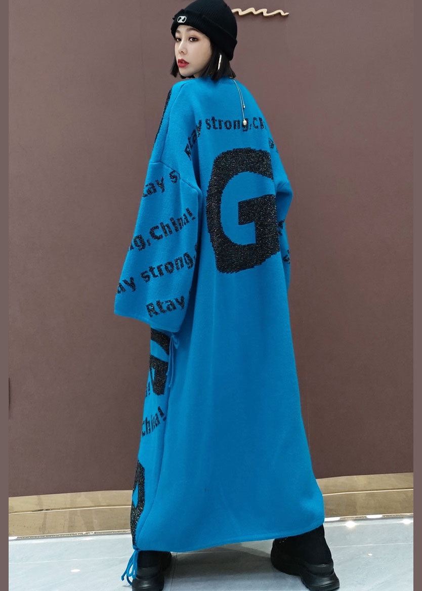 Blauer Print lockerer Strickpullover langes Kleid Frühling
