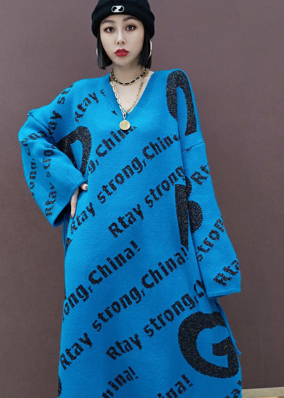Blauer Print lockerer Strickpullover langes Kleid Frühling