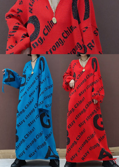 Blauer Print lockerer Strickpullover langes Kleid Frühling