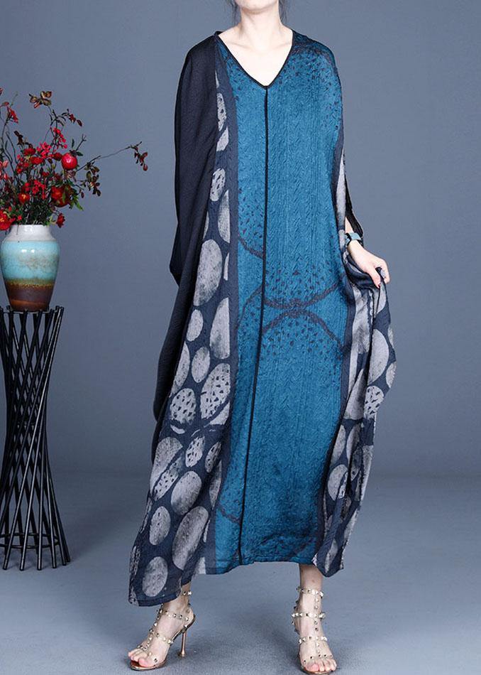 Blue Retro V Neck Patchwork Summer Robe Dresses Bat wing Sleeve - SooLinen