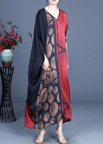 Blue Retro V Neck Patchwork Summer Robe Dresses Bat wing Sleeve - SooLinen