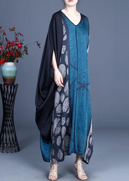 Blue Retro V Neck Patchwork Summer Robe Dresses Bat wing Sleeve - SooLinen