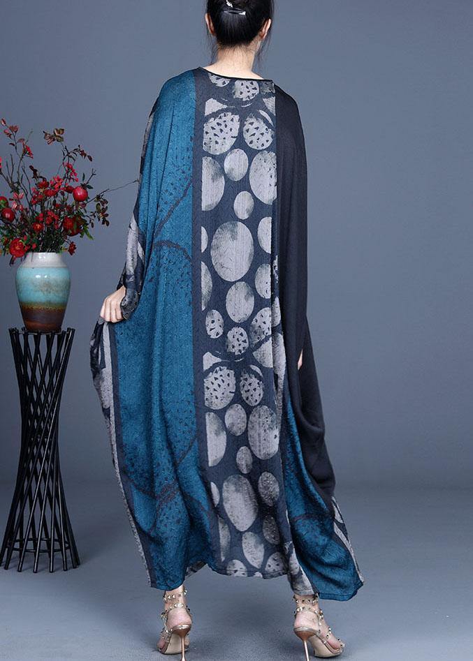 Blue Retro V Neck Patchwork Summer Robe Dresses Bat wing Sleeve - SooLinen