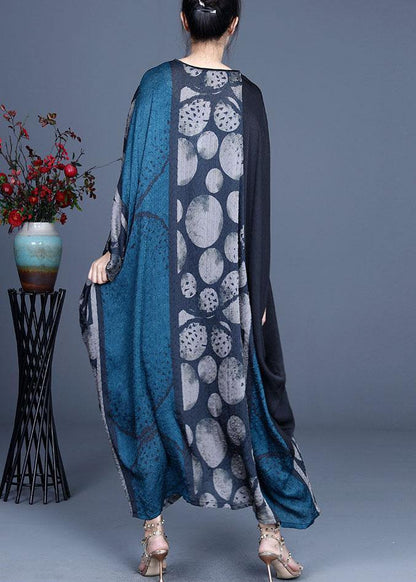 Blue Retro V Neck Patchwork Summer Robe Dresses Bat wing Sleeve - SooLinen