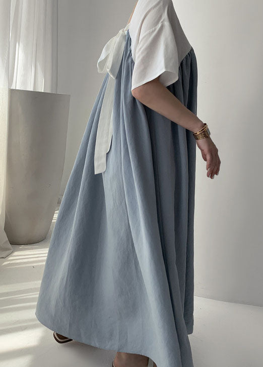 Blaue Robe Kleider Cinched faltig Kurzarm