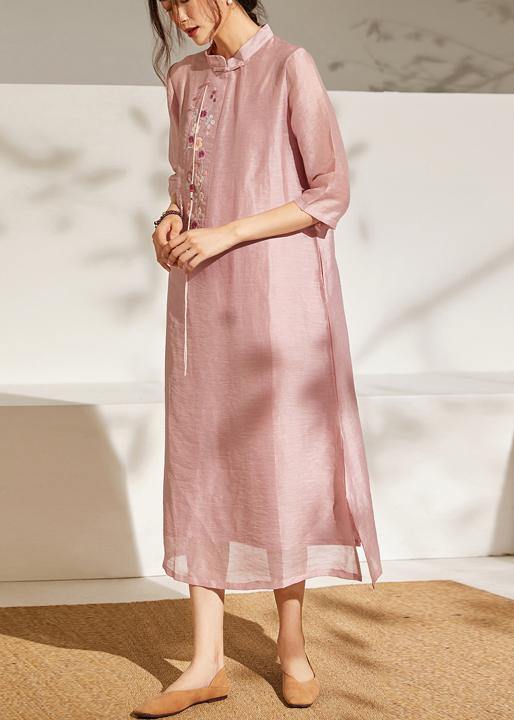 Blue Side Open Embroideried Summer linen Vacation Dresses Half Sleeve - SooLinen