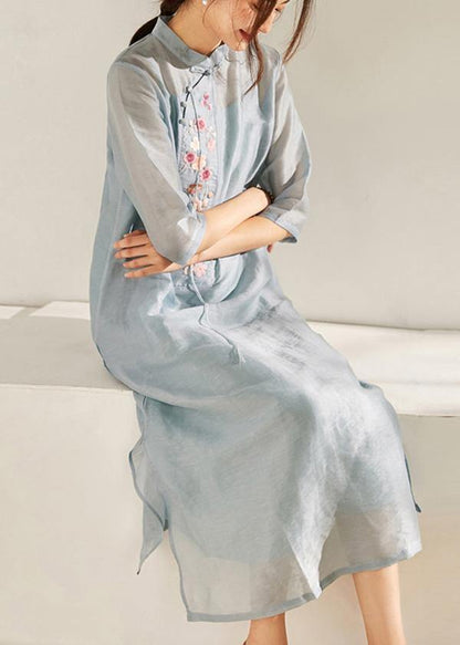 Blue Side Open Embroideried Summer linen Vacation Dresses Half Sleeve - SooLinen