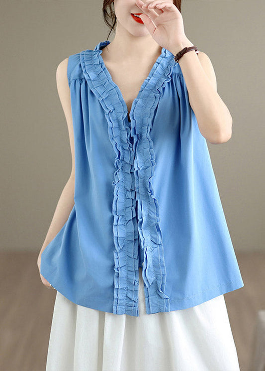Blue Solid Tops V Neck Summer