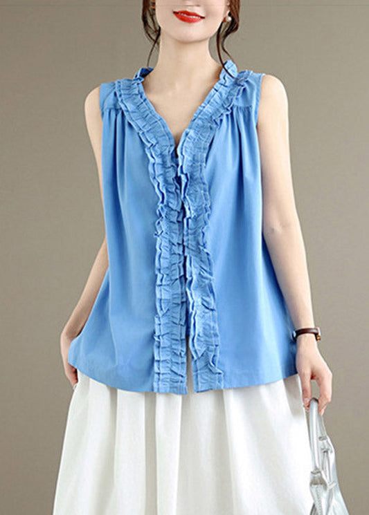 Blue Solid Tops V Neck Summer