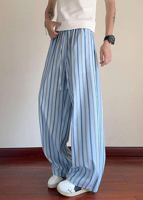 Blue Striped Lace Up Cotton Summer Men Pants Elastic Waist