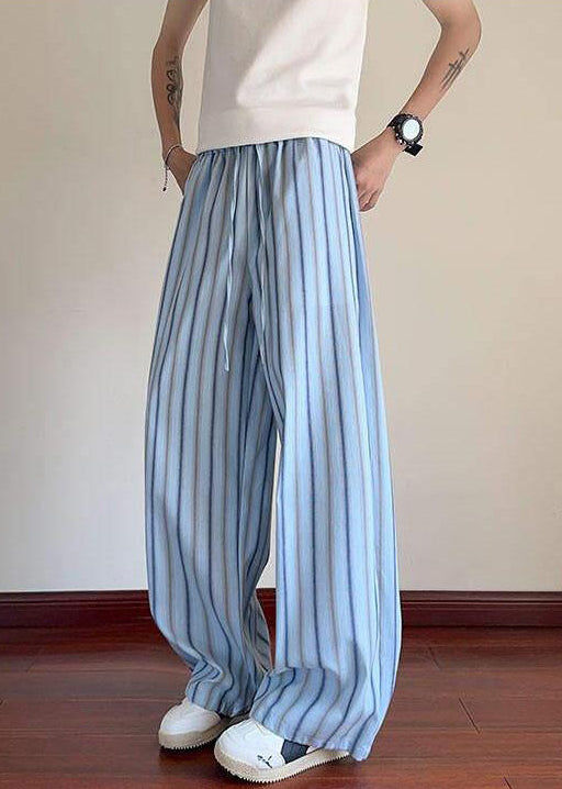 Blue Striped Lace Up Cotton Summer Men Pants Elastic Waist