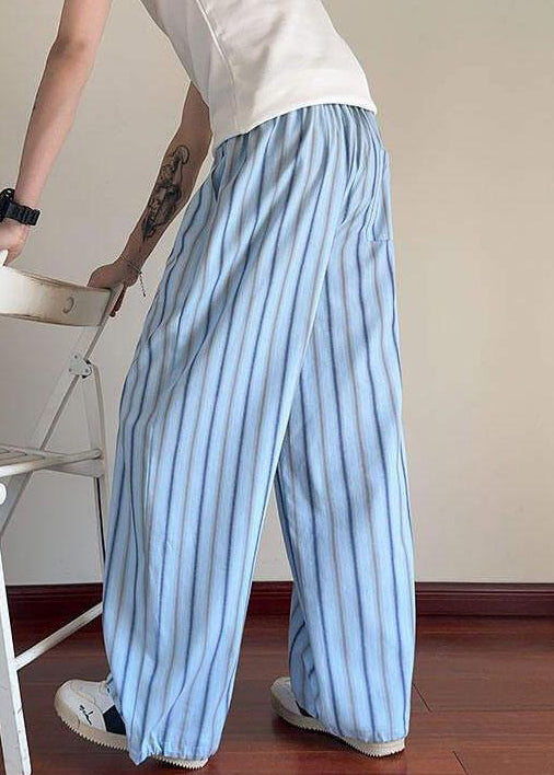 Blue Striped Lace Up Cotton Summer Men Pants Elastic Waist
