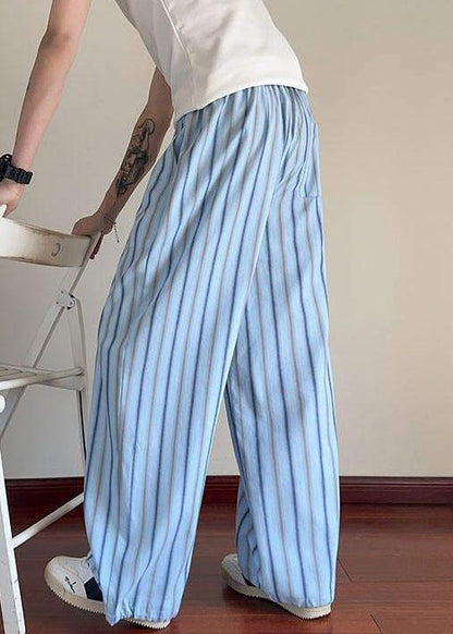 Blue Striped Lace Up Cotton Summer Men Pants Elastic Waist