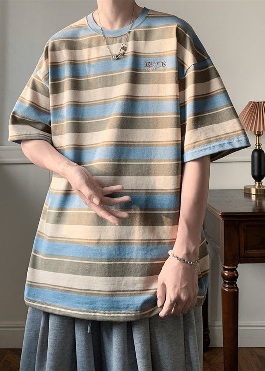 Blue Striped Letter Cotton T Shirts Men O Neck Summer