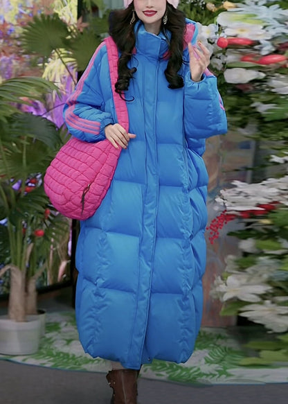 Blue Striped Pockets Duck Down Winter Puffer Long Coat Hooded