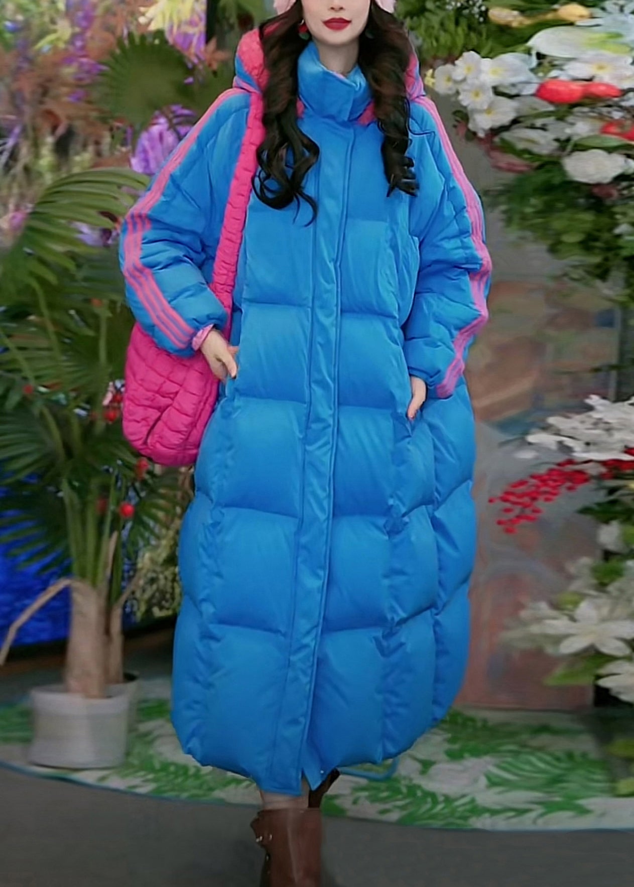 Blue Striped Pockets Duck Down Winter Puffer Long Coat Hooded
