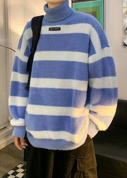 Blue Striped Thick Cozy Mink Hair Knitted Mens Sweater Turtleneck