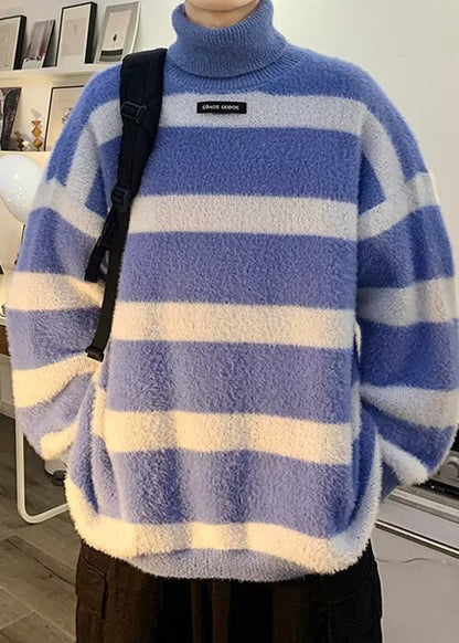 Blue Striped Thick Cozy Mink Hair Knitted Mens Sweater Turtleneck
