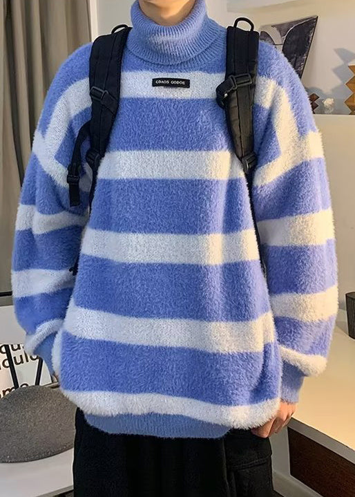 Blue Striped Thick Cozy Mink Hair Knitted Mens Sweater Turtleneck